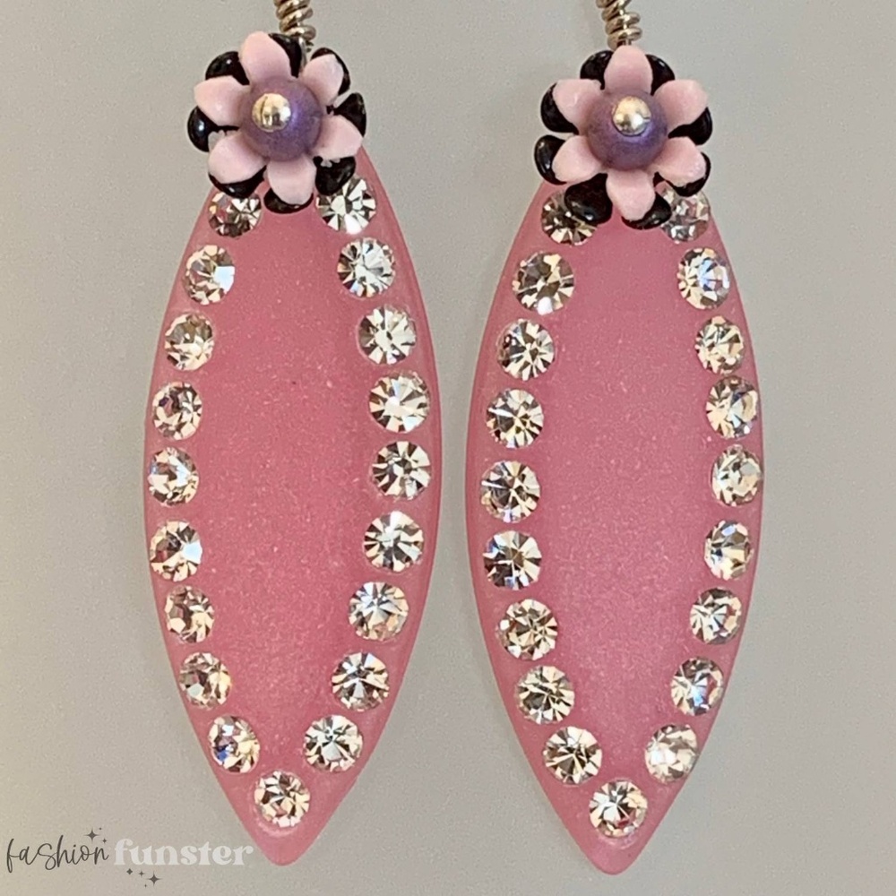 Vintage 1960s Floral Crystal Rhinestone Lucite Long Ellipse Dangle Drop Earrings - Picture 3 of 5